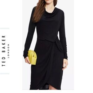 Ted Baker Neyda Black Long Sleeve Draped Gathered Side Waist Dress 1(0-2) NWT
